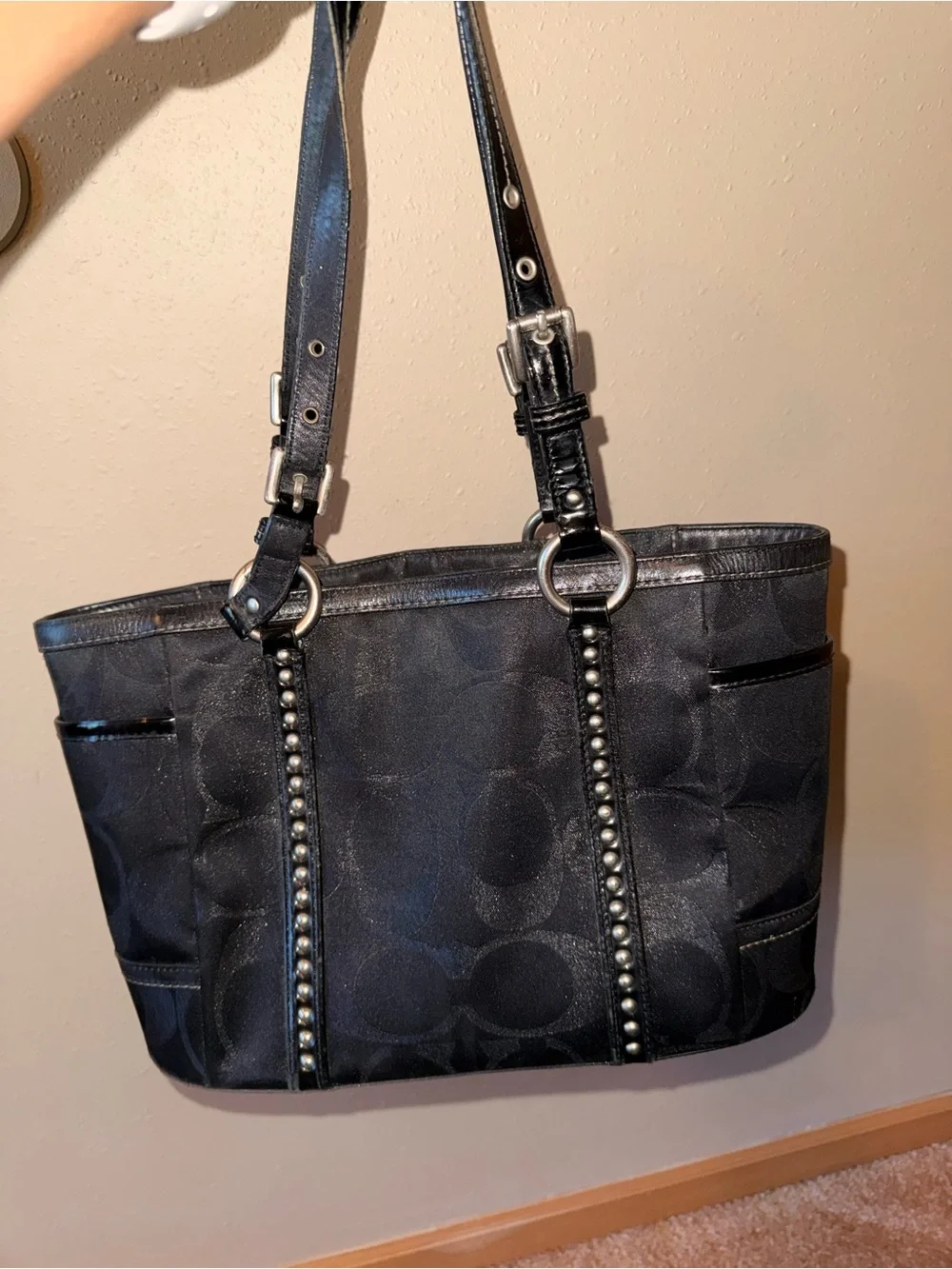 Coach Black Signature Canvas Shoulder Bag with Studded Straps